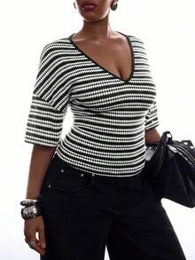LYSMO Plus Size Women's Striped V-Neck Drop Shoulder Casual T-Shirt - Black and White - View 1