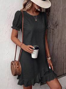 EMERY ROSE Summer New French Style Embroidered Eyelet Black Dress For Women, Puff Sleeve Round Neck Loose Fit Ruffle Asymmetrical Hem A-Line Babydoll Dress - Black - View 3