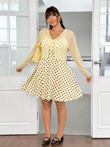 GalTyme Solid Color Front Tie Cardigan & Polka Dot Spaghetti Strap Dress 2pcs Set Plus Size Fall - Multicolor - View 7
