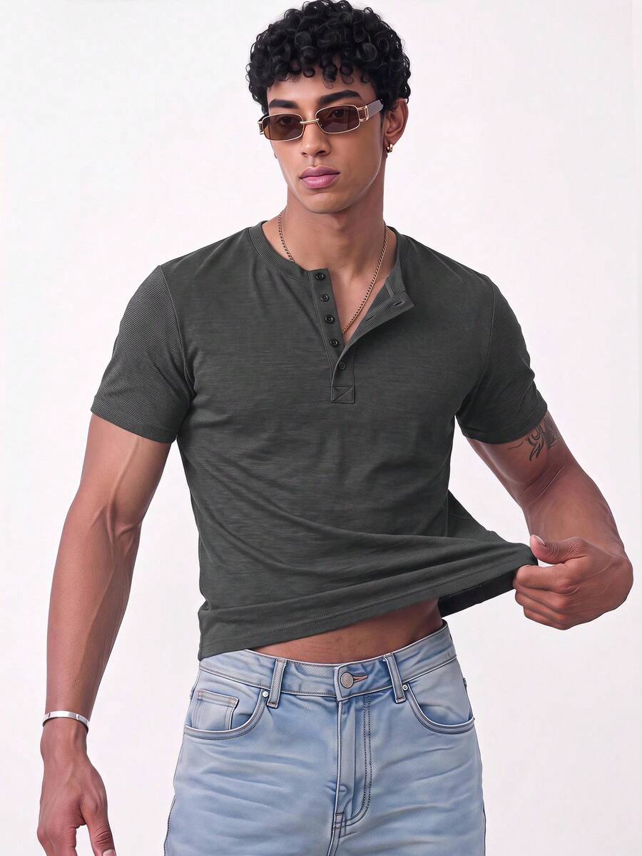 NORVETH Men's Summer Casual Slim Fit Short Sleeve T-Shirt, Standard Size, Light Gray, Plain - Dark Grey - View 1