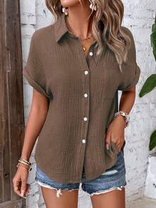 EMERY ROSE Camisa casual de botones de manga corta de unicolor con textura de tela para mujer, de verano - Café integral - Ver 4