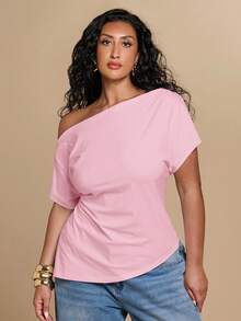 SHEIN BAE CURVE 大尺碼女款純色不對稱單肩短袖休閒上衣 - 粉色 - 查看 2