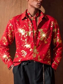 AKNOTIC 奢華紅色金屬感抽象印花長袖休閒鈕扣上衣 男士紅金配色派對襯衫 - 紅色 - 查看 2