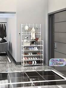 1Pc Multi-Functional 5-Tier Metal Shoe & Hat Storage Rack, 24 Inch Freestanding Organizer With Removable Hooks, Multi-Layer Design For Home & Apartment, Available In Black And White - Multicolor - View 7
