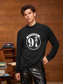 HARRY POTTER X SHEIN Men's Casual Slim Fit Knit "9 3/4" Classic Platform Print Turtleneck Long Sleeve T-Shirt Set (2 Colors) - Black - View 3