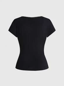ROMWE Plus Size Street Style Rivet Animal Print Short Sleeve T-Shirt - Black - View 2