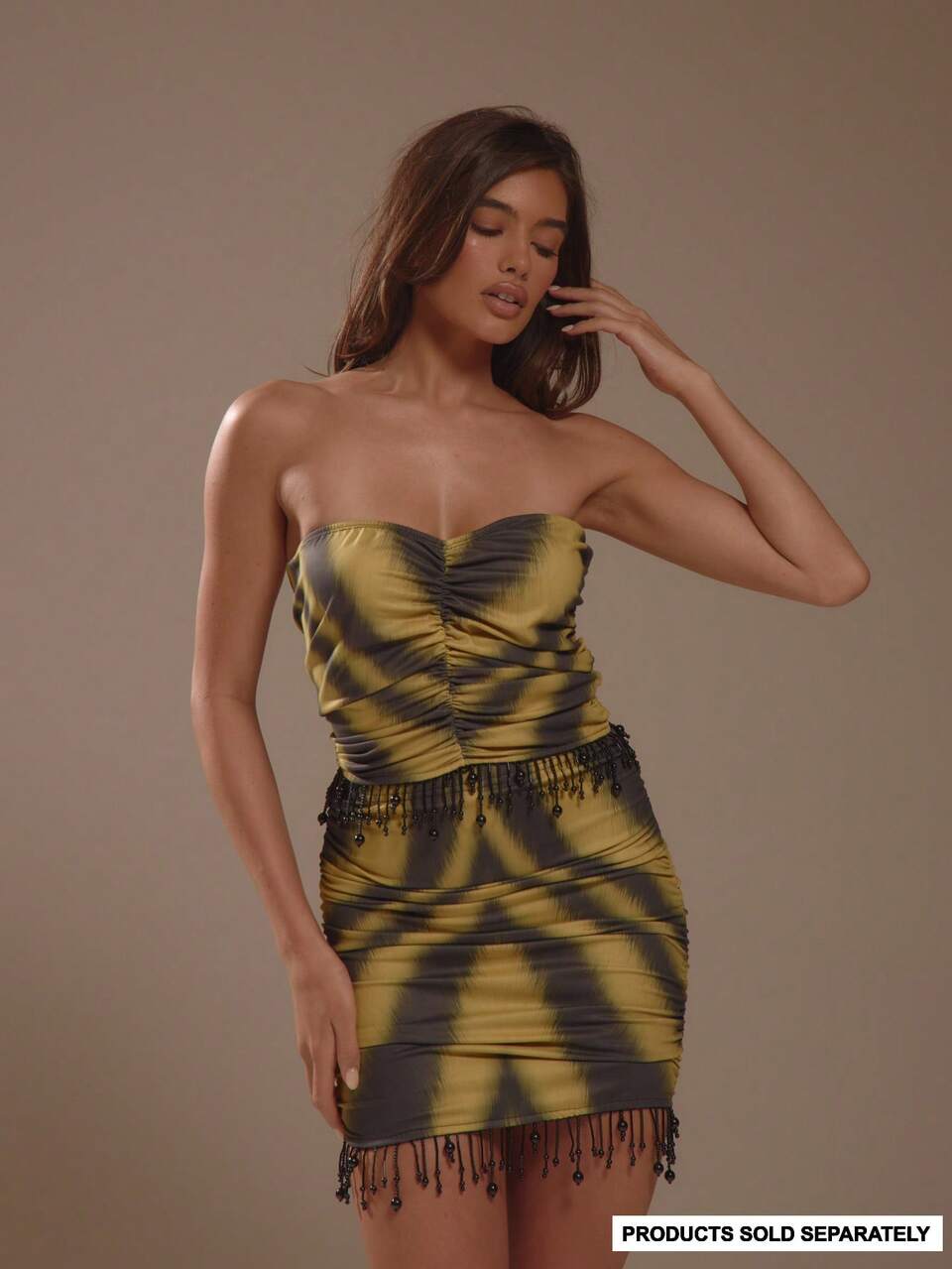 Yellow Green Slinky Ruched Beaded Trim Bandeau Top