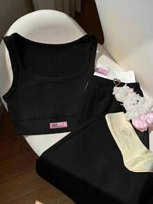 Comfortcana 2件組女款字母印花背心與配色拼接長褲套裝，夏季度假穿搭，奶油黃 - 黑色 - 查看 5