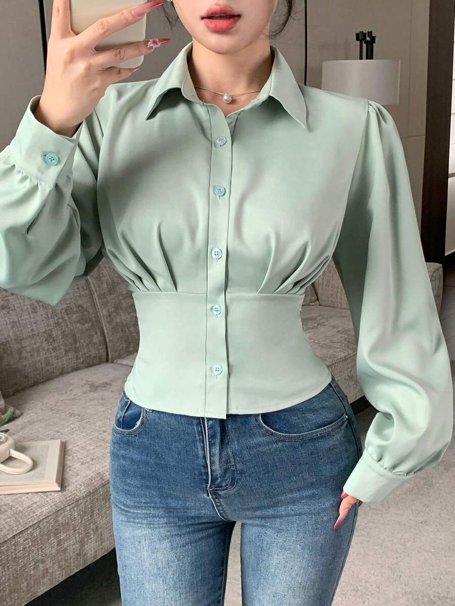 Celisse Solid Color Ruched Bust Waist-Cinching Casual Commuter Women's Long Sleeve Blouse - Green - View 1