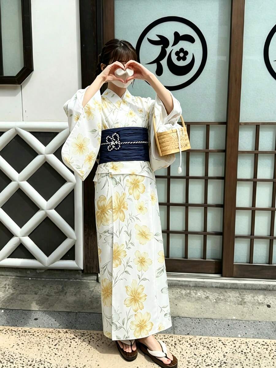 Irokai 日式女款傳統印花和服浴衣 - 黃色 - 查看 1