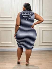 CurvyTilda Women's Plus Size Striped Hooded Sleeveless Dress With Letter Print And Drawstring For Valentine's Day, Spring And Summer - Blue - View 2
