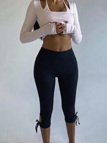 SHEIN PETITE Street High Leg Capri Leggings - Black - View 13