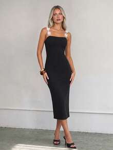 Lumivelle Women's Elegant Summer Party Black And White Midi Slip Dress,Waist-Cinched Bodycon Slim Tube Dress With 3D Flower Shoulder Strap Colorblock Decor - Black - View 5