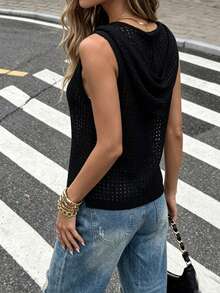 INAWLY Hollow Out Hooded Slouchy Slimming Sleeveless Top - Black - View 3