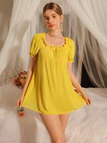 DelicateAllure Women's Solid Color Short Sleeve Mini Nightgown - Yellow - View 5