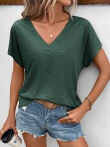 SHEIN Frenchy 女款純色V領休閒百搭日常短袖T恤 - 墨綠色 - 查看 1
