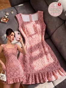 SHEIN Franclia 蕾絲 3D 印花方領優雅洋裝，舒適修身剪裁，適合日常通勤與辦公室，2026 夏季新款女款無袖聚會優雅洋裝，白色蕾絲無袖收腰迷你洋裝 - 珊瑚橙 - 查看 1
