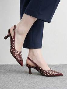 CUCCOO BIZCHIC 個性化鉚釘裝飾、酒紅色、鏤空尖頭後跟女鞋、酷感通勤女鞋 - 酒紅色 - 查看 8