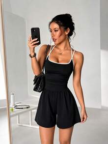 SHEIN 1pc Contrast Binding Cami Romper With Ruched Detail Crisscross Back Athletic Athleisure Sporty Style Gym Workout Black And White Summer - Black - View 5