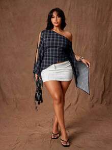 Rustia Top de mujer talla grande estilo picante con estampado a cuadros, un hombro, diseño de abertura y manga acampanada - Negro - Ver 6
