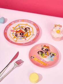 THE POWERPUFF GIRLS X Joivida 1 pieza Plato de cena de cerámica rosa X Joivida, diseño de dibujos animados divertido, perfecto para el hogar, la cocina, como plato para aperitivos, dulces, postres, pasteles, frutas, ideal para la familia, fiestas, picnics, bodas, un regalo divertido para los fans - Multicolor - Ver 9