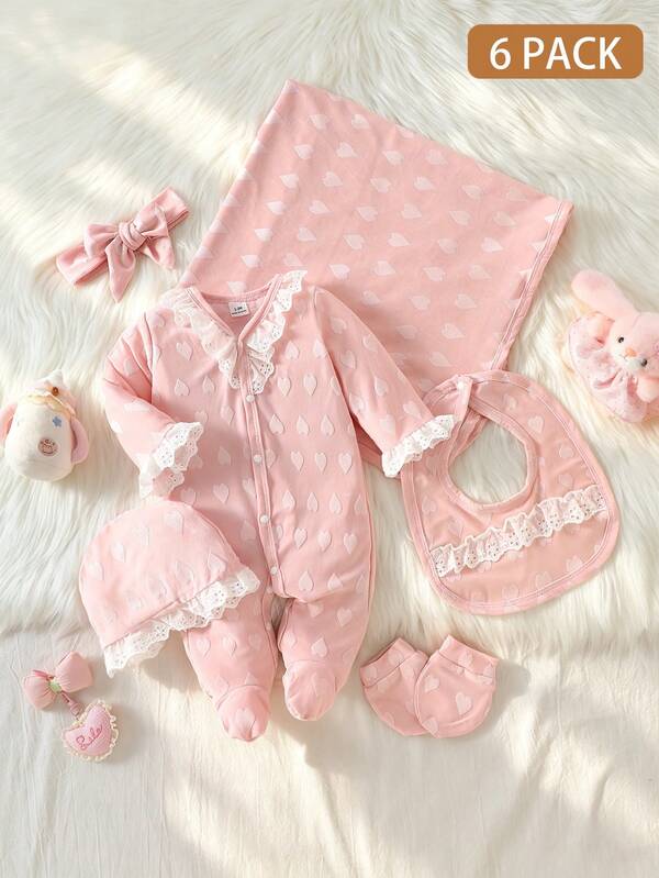 SHEIN Infant Girl Pink And White Lace Long Sleeve Long Footed Romper With Hat, Bib, Swaddle Blanket And Headband Gift Set
