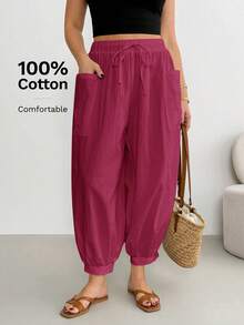 Shapeblank Plus Size Women Solid Color Drawstring Waist Casual Versatile Daily Travel Long Pants - Red Violet - View 6