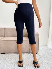 SHEIN Maternity Solid Color Adjustable Waist Casual Capri Length Leggings - Navy Blue - View 5