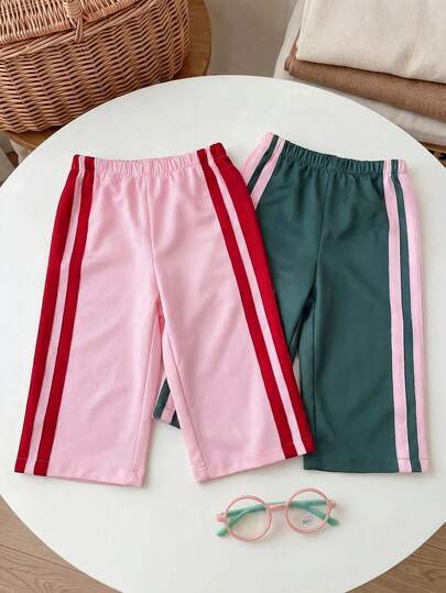 SHEIN Quần dài dáng rộng thể thao phối màu cho bé gái