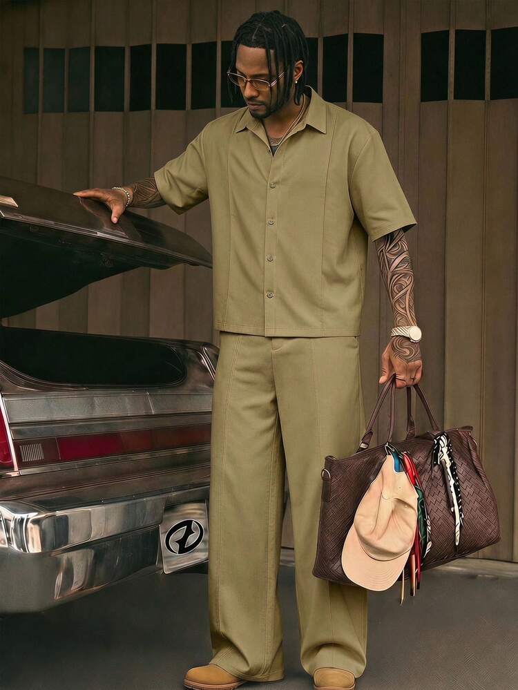 AXEPEAK Conjunto casual diario de hombre con camisa de manga corta de unicolor y pantalones largos - Verde militar - Añade 1
