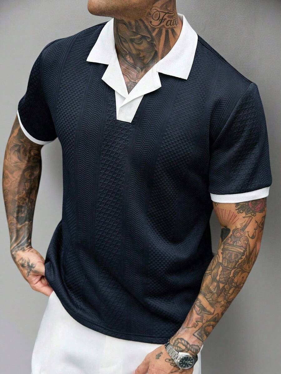 SLATEMANN Men's Contrast Color Short Sleeve Casual Commute Polo Shirt - Navy Blue - View 1