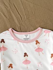 SHEIN 少女休閒簡約修身舒適圓領短袖長褲家居服套裝，2件組，貼身剪裁 - 淺粉色 - 查看 5