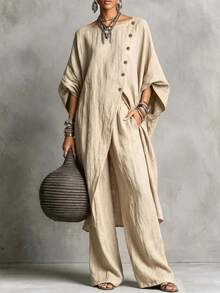 SHEIN Holidaya Women's Elegant Casual Button-Up Asymmetrical Top And Pants 2 Pieces Set - Khaki - View 2