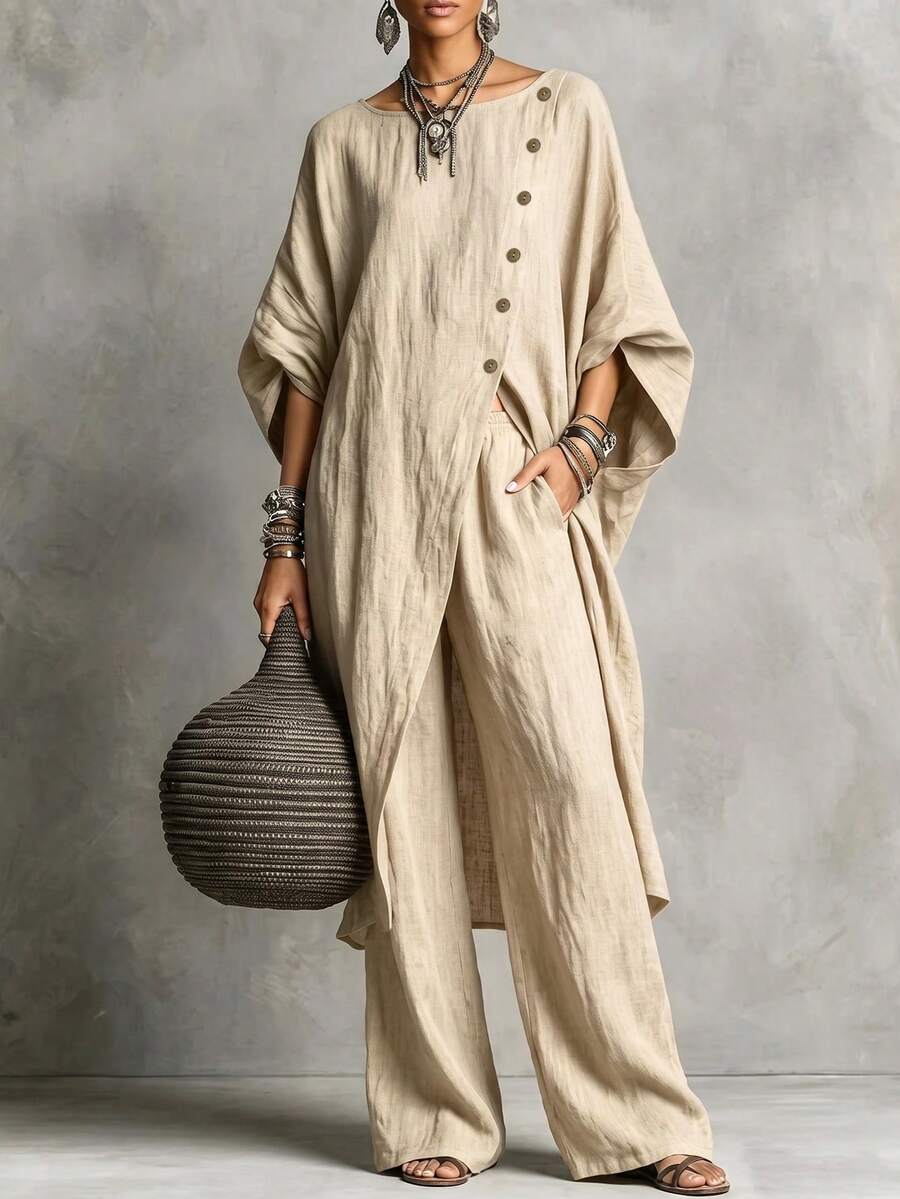SHEIN Holidaya Women's Elegant Casual Button-Up Asymmetrical Top And Pants 2 Pieces Set