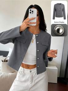 Modelyn Spring/Autumn Simple Fashion Elegant Round Neck Metal Button Slimming Versatile Daily Commute Women's Jacket - Grey - View 10