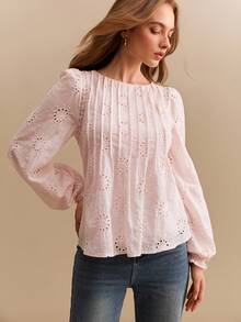 Willow Rêve Women's Pleated Embroidered Cutout Lace Blouse, Light Pink Long Sleeve Shirt Top - Baby Pink - View 7
