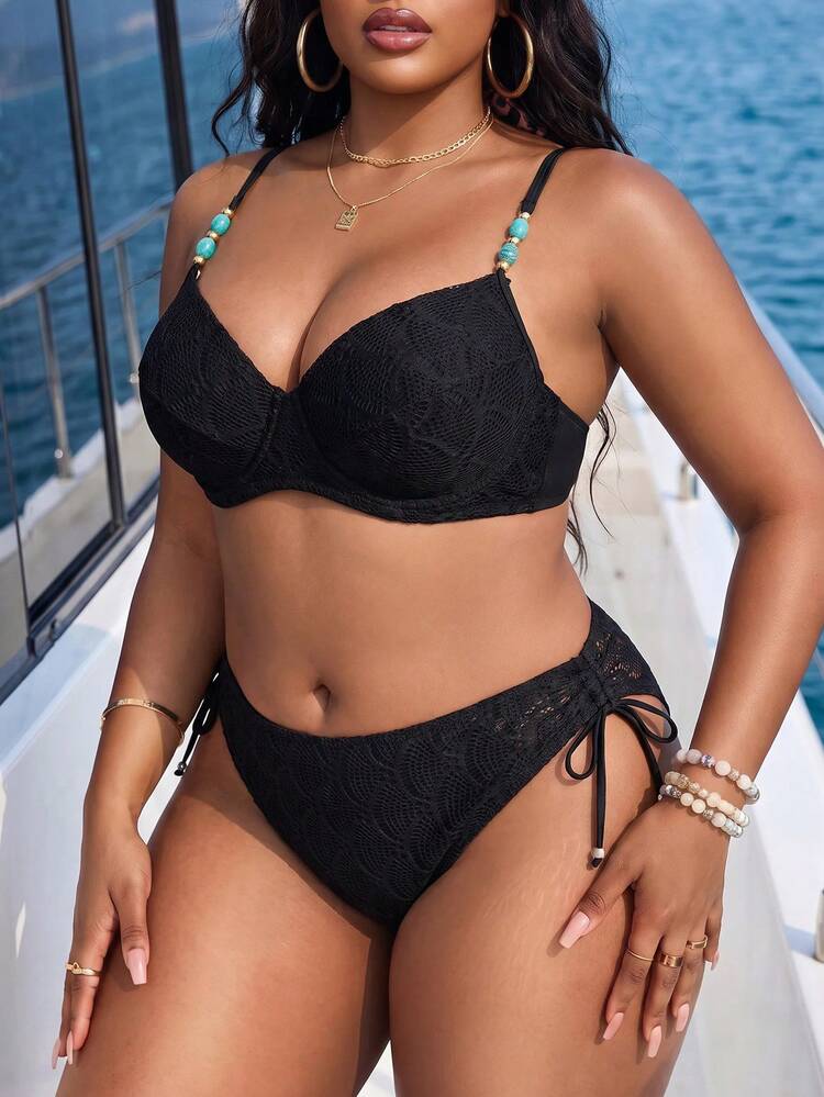 Swim Chiccia Spring/Summer Vacation Beach Textured Fabric Green Underwire Bikini 2 Pieces Set 2026 New Women's Swimwear, Suitable For School, Vacation, Dating, Afternoon Tea, Western Style, Cruise, Beach, Island, Road Trip, All Seasons, Music Festival, Bohemian Style Vacation, Cool Autumn - Black - View 3