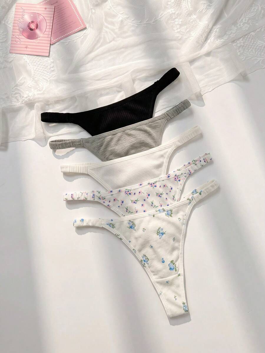 FairyFlirt 5件装碎花纯色性感内衣丁字裤套装 - 彩色 - 查看 1