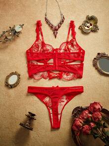 PinupPomp 2pcs Set Lingerie Jala Bordir Transparan Merah Klasik Wanita untuk Pengantin, Cocok untuk Acara Musim Panas dan Tamu Pernikahan - Merah - View 2