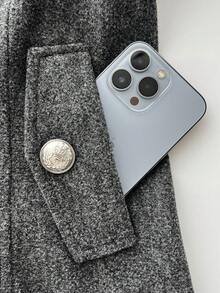 Elamini Women's Autumn/Winter Campus Style Cinched Waist Lapel Double-Breasted Mid-Length Grey Tweed Coat - Dark Grey - View 4