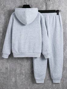 SHEIN 2件組兒童青少年男孩休閒運動字母圖案灰色連帽長袖衛衣與長褲套裝，適合通勤、上學、日常休閒、度假、旅行、運動，秋冬穿著 - 灰色 - 查看 7