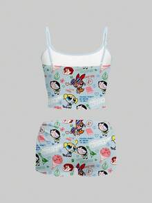 Sweetina THE POWERPUFF GIRLS X SHEIN 女款細肩帶上衣與短褲兩件套，鬆緊腰，休閒極簡 IP 聯名印花圖案，適合度假、畢業季、夏季上衣、日常通勤、約會、派對、秋冬春夏、聖誕節、新年、感恩節、婚禮、海灘 - 彩色 - 查看 8