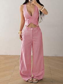 Muchica Conjunto de chaleco y pantalones con un solo botón para mujer, unicolor en otoño/invierno - Rojo y blanco - Ver 5