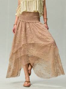 SHEIN Women's French Vintage Lace High Elasticity Shirred Slimming Everyday Date Commute Versatile Skirt - Apricot - View 6