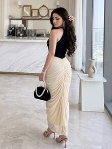 Feyla Women's Rhinestone Decorated Pleated Fitted Elegant Sexy Halter Neck Dress Dinner Black Summer Dinner - Multicolor - View 3