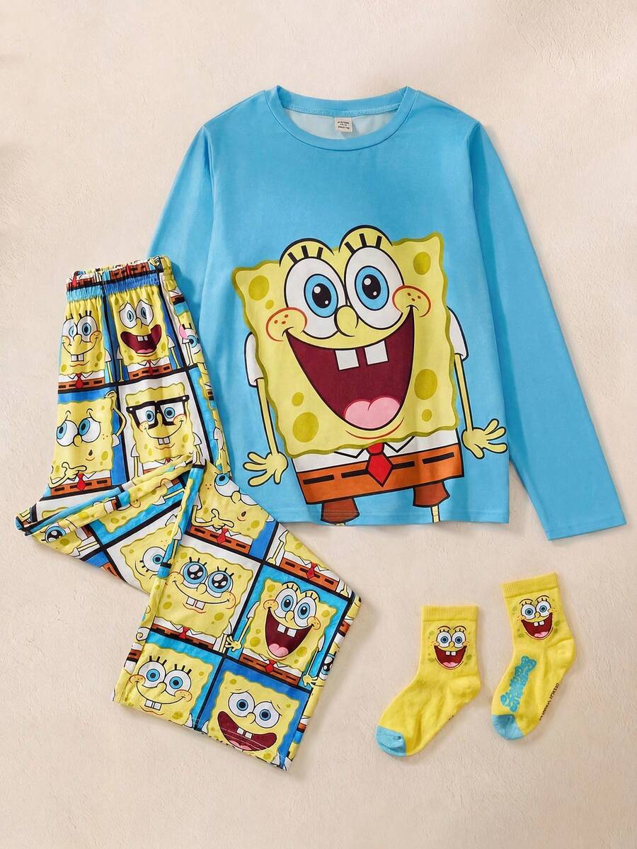 SpongeBob SquarePants | SHEIN Tween Boy Cartoon Multi-Expression Colorful Patchwork Plaid Knit Crew Neck Raglan Long Sleeve Top And Loose Pants Autumn/Winter Pajama Set - Blue - View 1