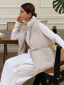DAZY Women's Solid Color Zipper Front Casual Thermal Lined Vest, Winter Jacket Women Coats - Beige - View 2