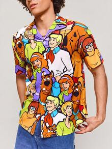 SCOOBY-DOO X SHEIN Men's Cartoon Pattern Front Button Short Sleeve Shirt, Summer - Multicolor - View 1