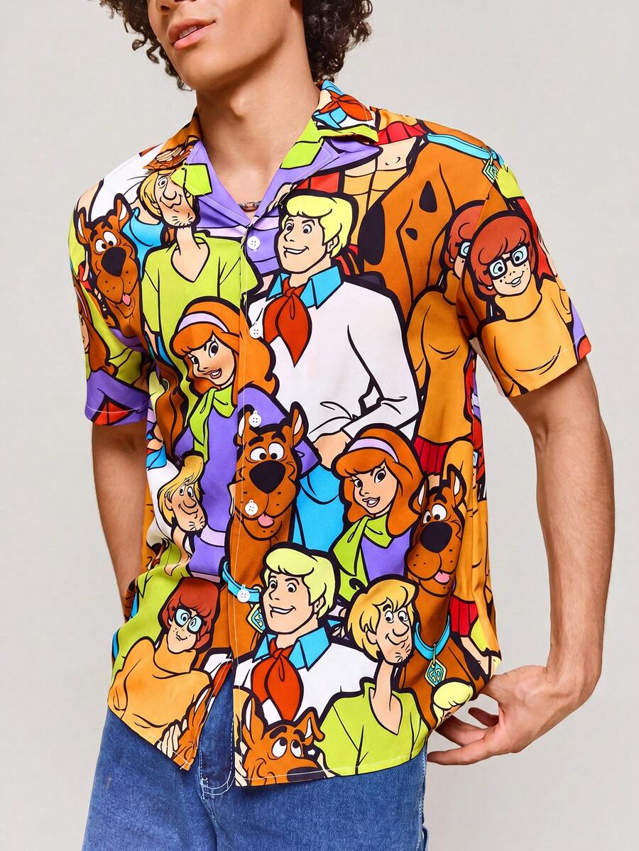 SCOOBY-DOO X SHEIN Men's Cartoon Pattern Front Button Short Sleeve Shirt, Summer - Multicolor - View 1
