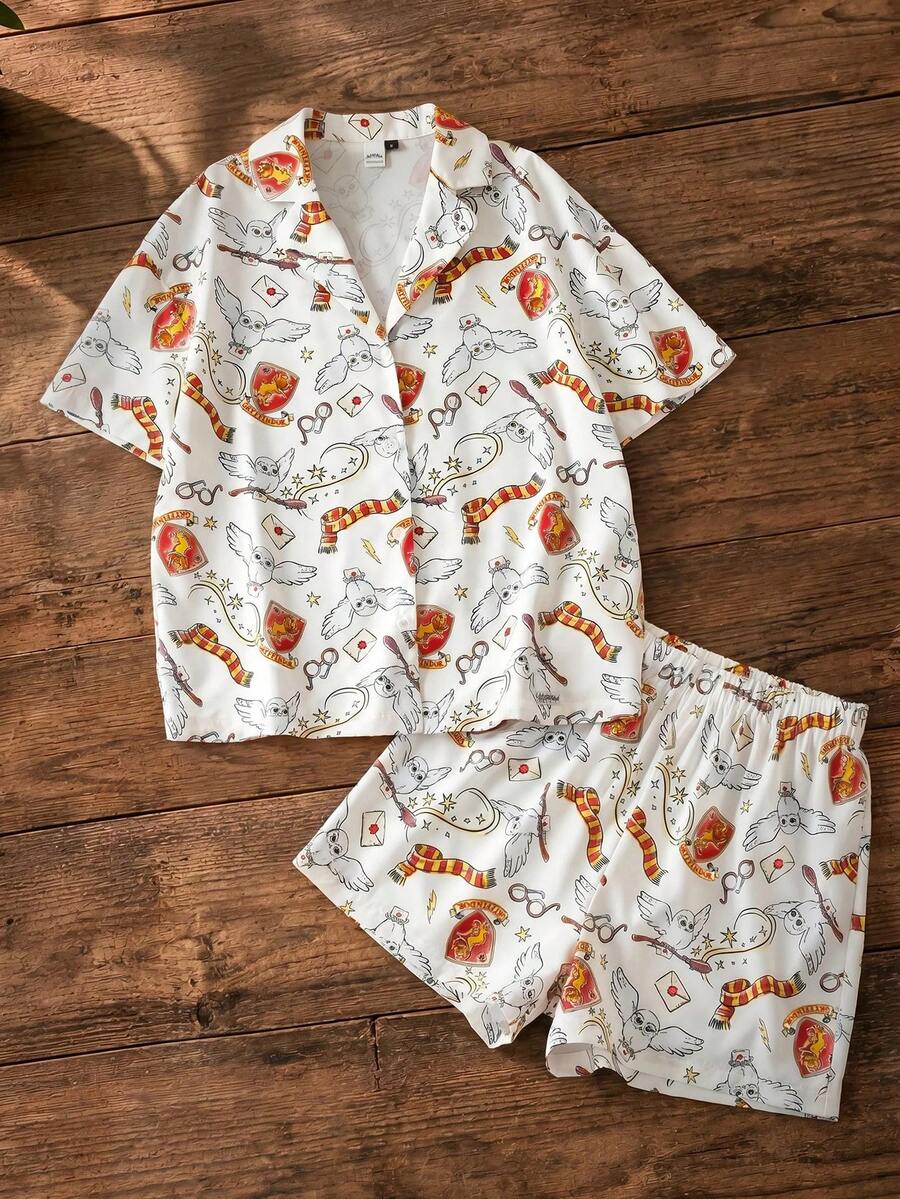 HARRY POTTER X SHEIN Summer, Women's Pajama Set, Ravenclaw, Home Casual, Daily, Cartoon Pattern - White - View 1